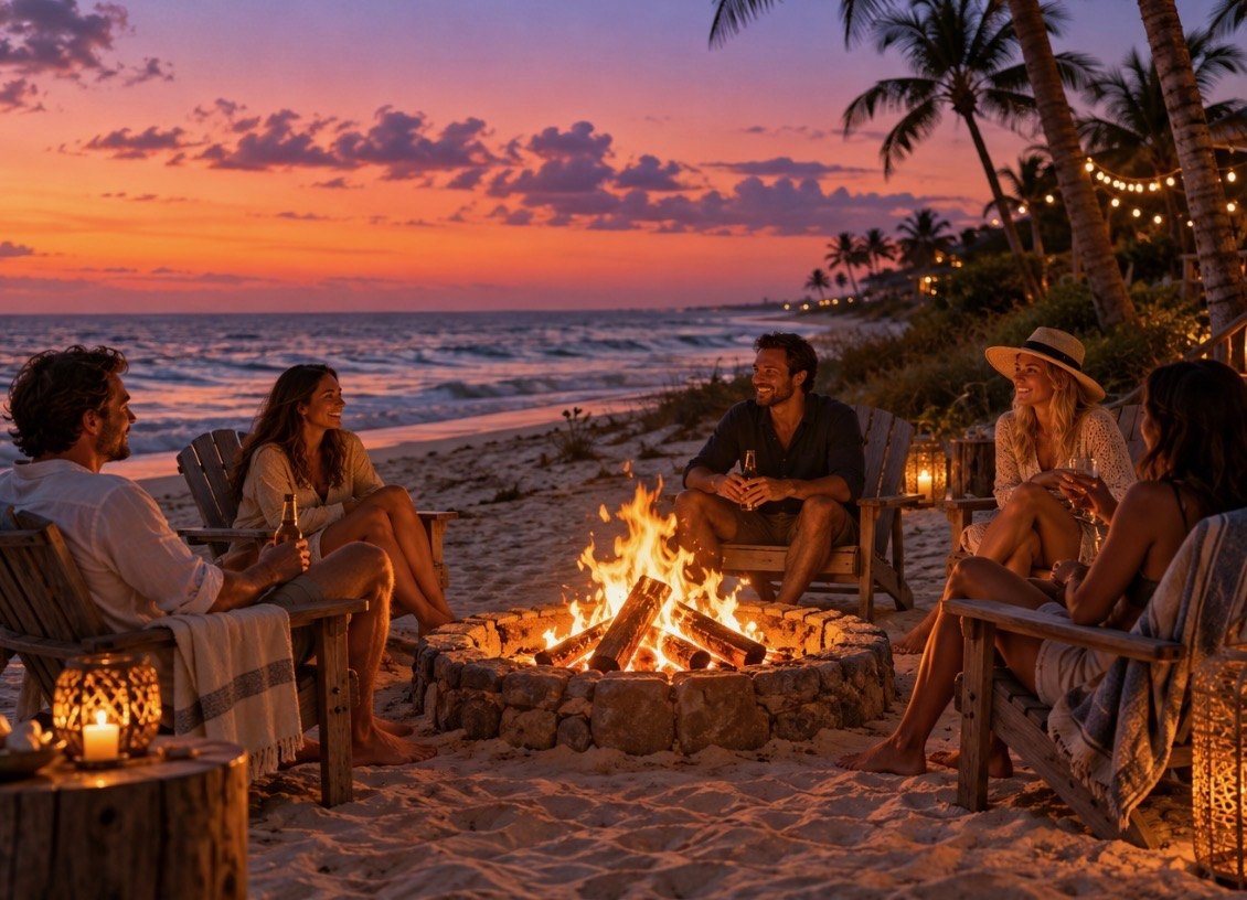 Friends in Adirondack chairs around a stone fire pit on the beach at sunset under palm trees and string lights