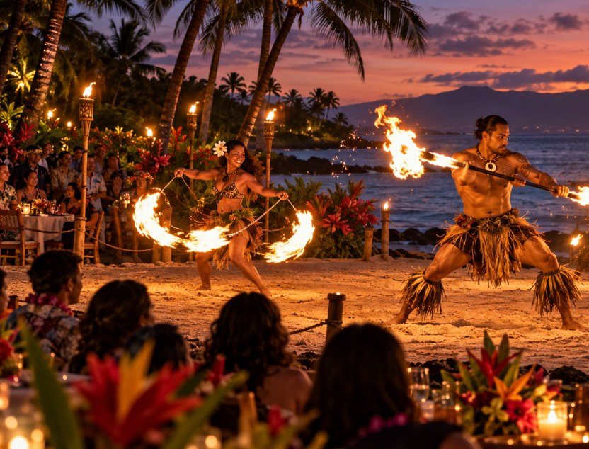 Fire dancers performing on the sand at a torch-lit beach luau dinner at sunset
